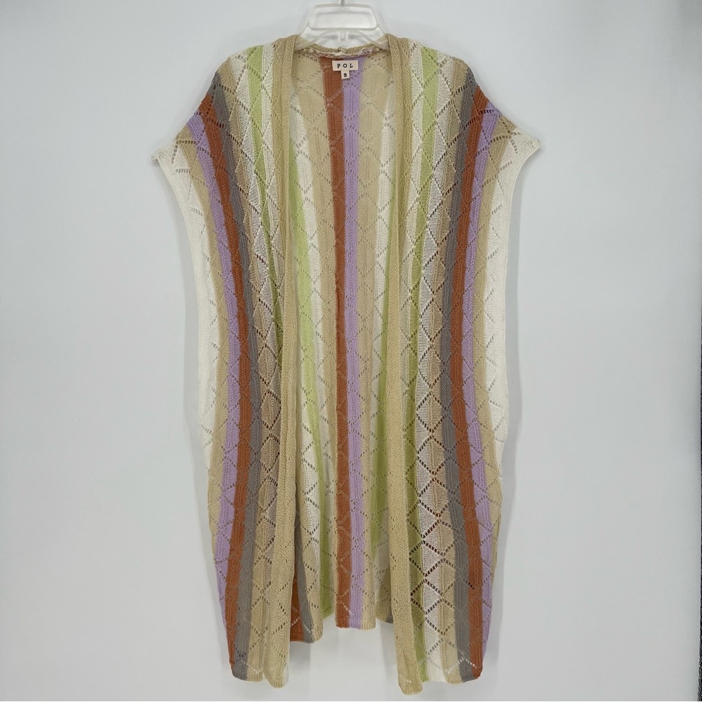 NEW POL Womens Long Vest Open Knit Diamon Weave Stripes Multicolor Oversized